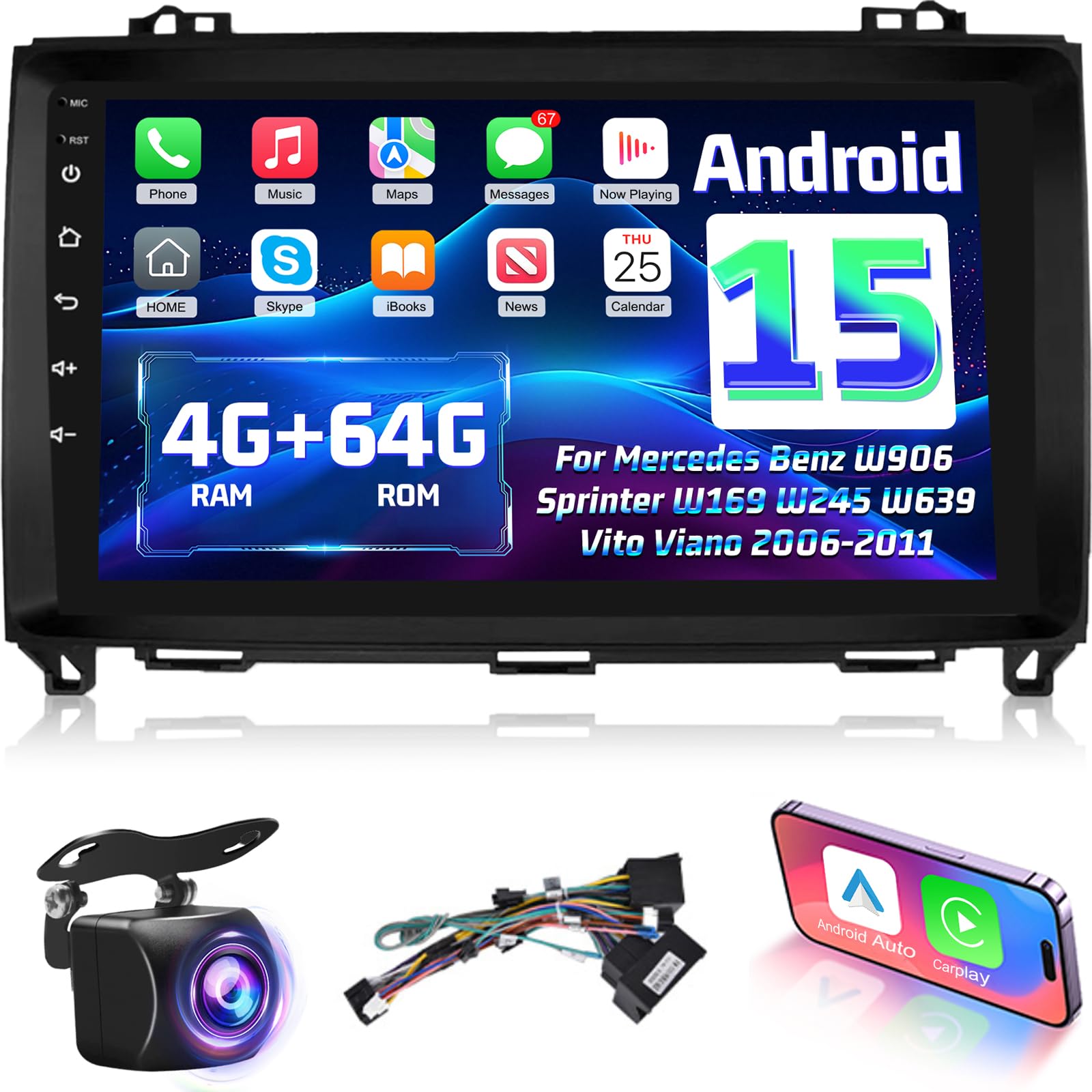 Photo 1 of 8 Core Android 15 Car Stereo for Mercedes Benz W906 Sprinter W169 W245 W639 with Carplay & Android Auto - 9 Inch 1280 * 720P Touchscreen Radio with DSP/5G WiFi/GPS/Backup Camera, 4G+64G