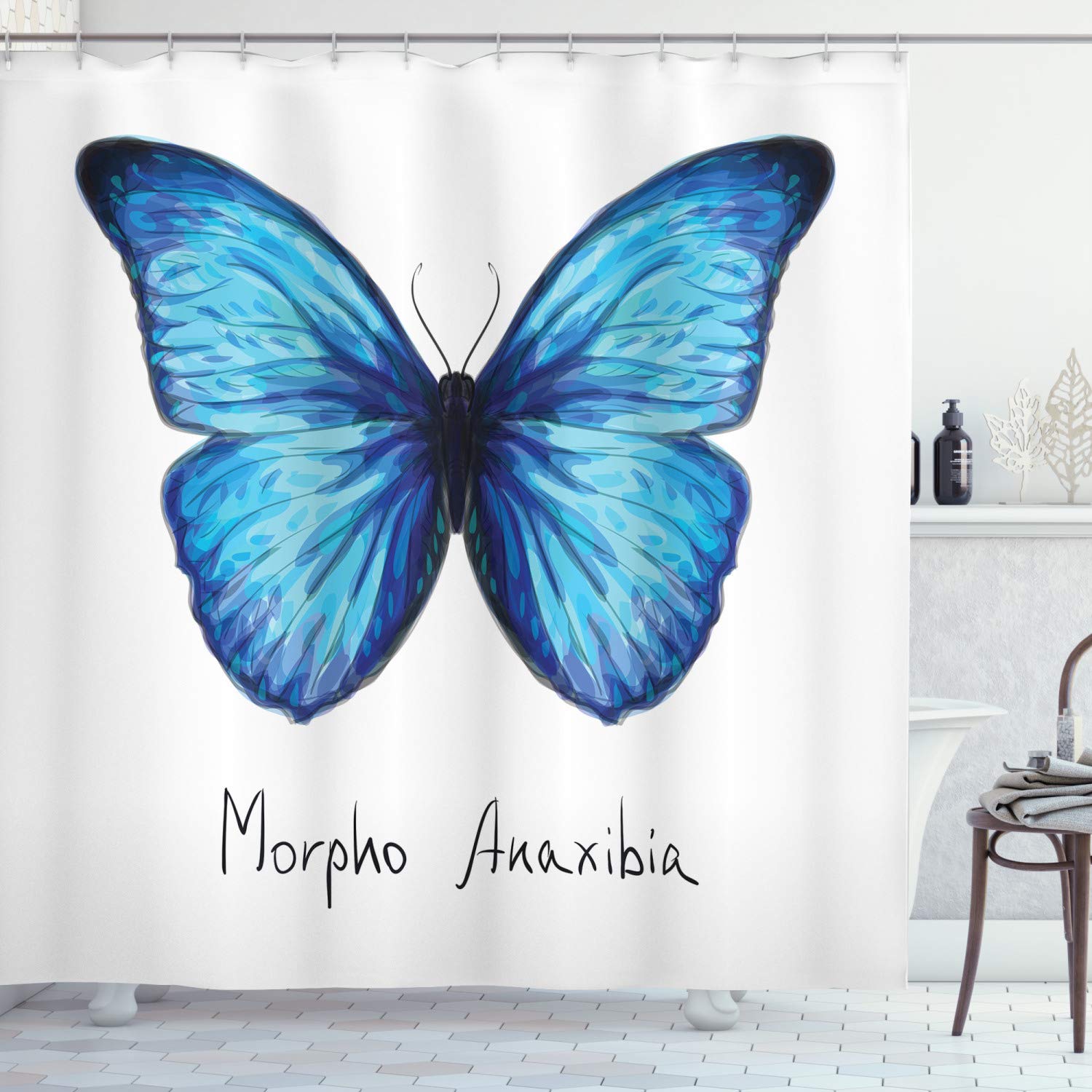 ABAKUHAUS Butterfly Shower Curtain, Watercolor Style Abstract Butterfly in Iridescent Colors, Cloth Fabric Bathroom Decor Set with Hooks, 175 x 180 cm, Pale Blue İndigo