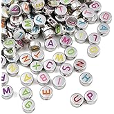 PONABEADIY 7MM 1000PCS Letter Acrylic Beads with Holes Flat Round Sliver Opaque Assorted Colorful Alphabet Plastic Loose Spacer Bead Bulk for Jewelry Making Bracelet Necklace Earring DIY Craft Supply