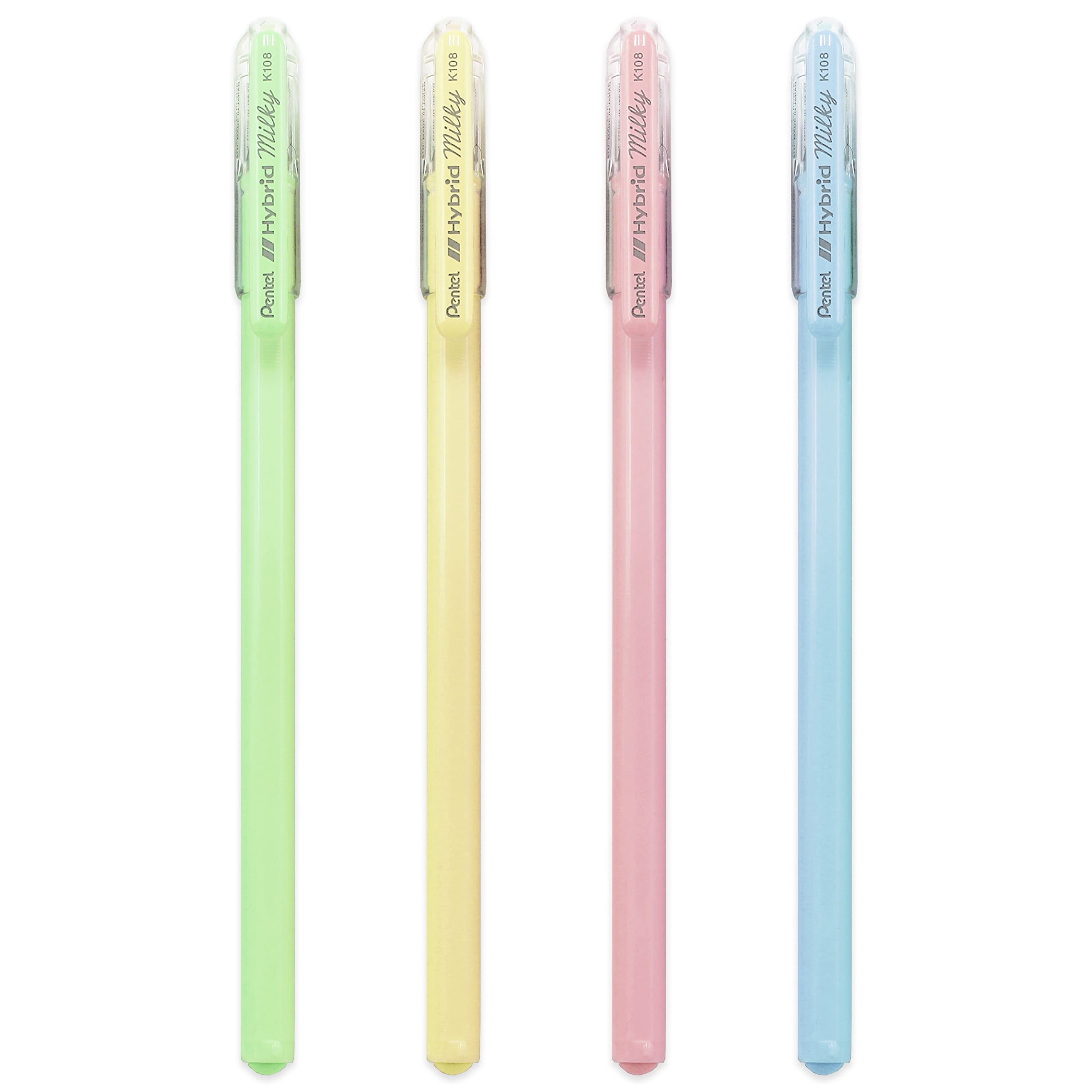Pentel Hybrid - Milky Gel Rollerball Pen - K108 - Blister Pack of 4 Pastel Pens - Green, Yellow, Pink and Blue