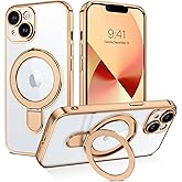 GUAGUA for iPhone 13 Case with Stand, Magnetic Clear Cases Plating Edge Invisible Ring Holder Slim Shockproof Protective Kickstand Phone Case for iPhone 13 6.1'', Desert Titanium Gold