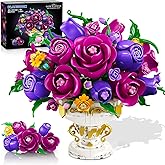 PLAXSOON Purple Rose Flower Building Set with Vase, 969 PCS Botanicals Flowers Bouquet Building Block Kit, 18 Roses Bonsai Collection Home Decor, Valentine's Day Gift for Adults Women Boys Girls 12+