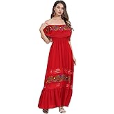 Women Mexican Dress Off Shoulder Floral Embroidered Long Maxi Dress Summer Beach Party Cinco de Mayo Dresses