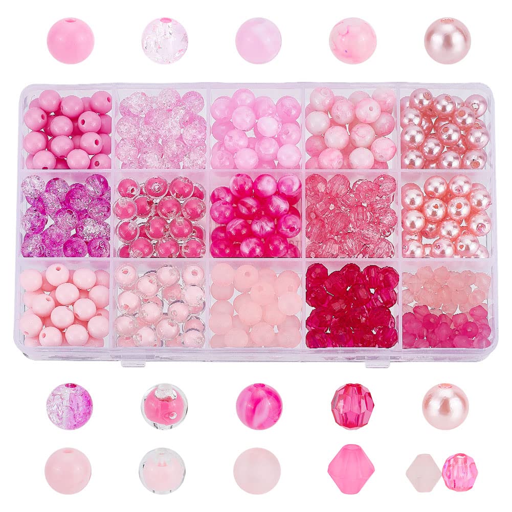 PH PandaHall 430pcs Mother's Day Beads 16 Styles Pink Beads 6-8mm Round Faceted Bead Frosted Bracelet Bead for Jewellery Making DIY Craft Necklaces Earrings
