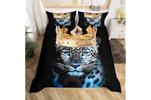 Homewish Wild Leopard Bedding Set Twin Size,African Tropical Cheetah Western Animal Comforter Cover Set for Kids Girls,Golden Crown Print Black Bedding Quilt Cover Set Bedroom Decor, 2 Pcs