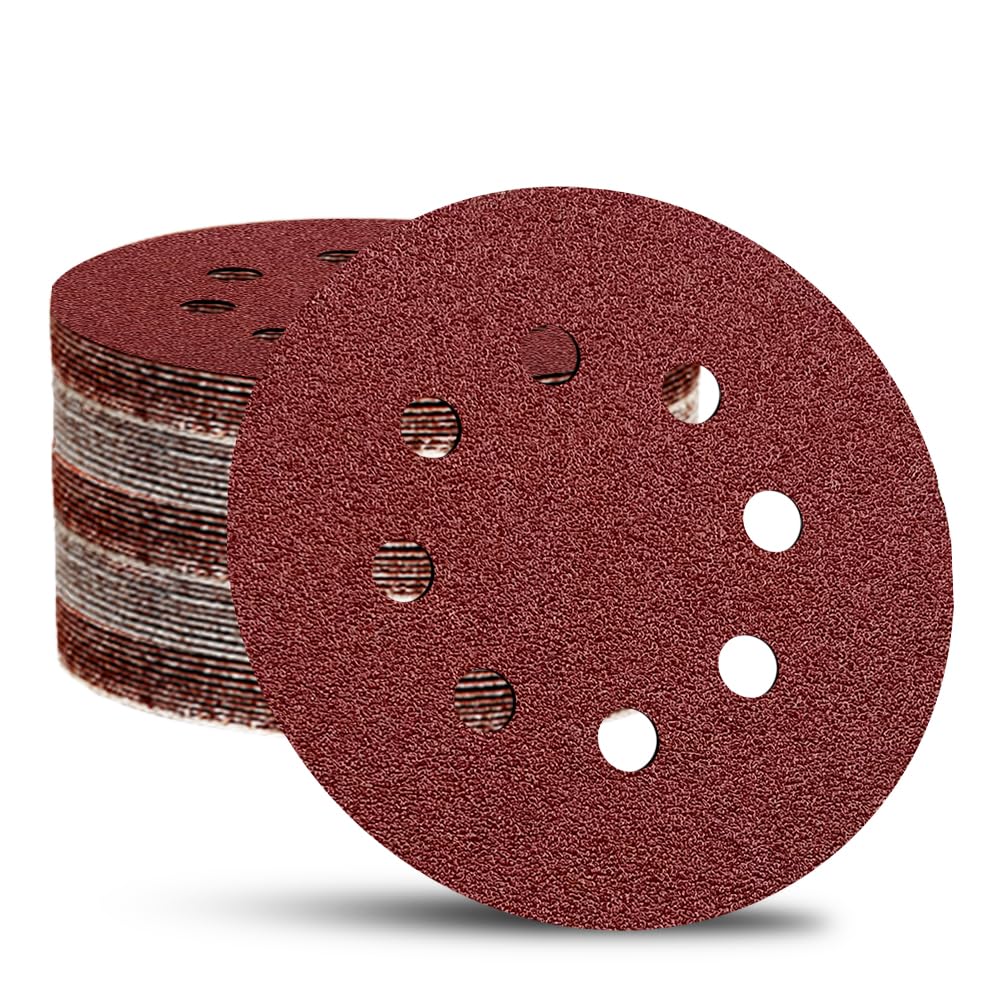Photo 1 of 52 Pack 5 Inch 8-Hole Hook and Loop Sanding Discs Sandpaper Red Round 120 Grit Sandpaper for Random Orbital Sander