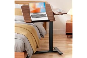 GTRACING Overbed Bedside Table with Wheels,Tiltable Hospital Bed Table Over The Bed, Pneumatic Adjustable Rolling Laptop Desk, Mobile Standing Desk for Hospital and Home Use (Walnut)