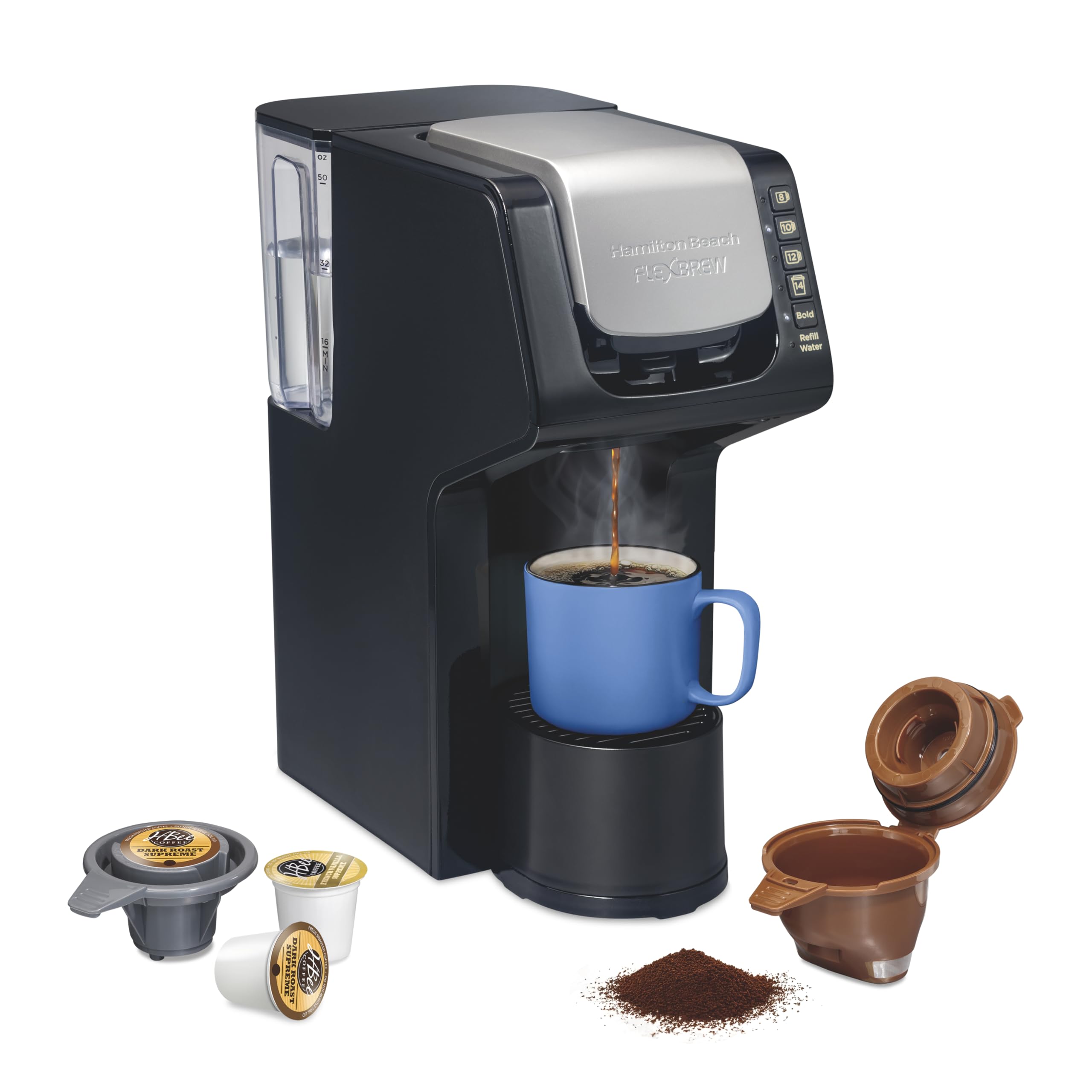 Photo 1 of Hamilton Beach Gen 4 FlexBrew Single-Serve Coffee Maker with Removable Reservoir, Compatible with Pod Packs and Grounds, 50 oz., 4 Fast Brewing Options, Black
