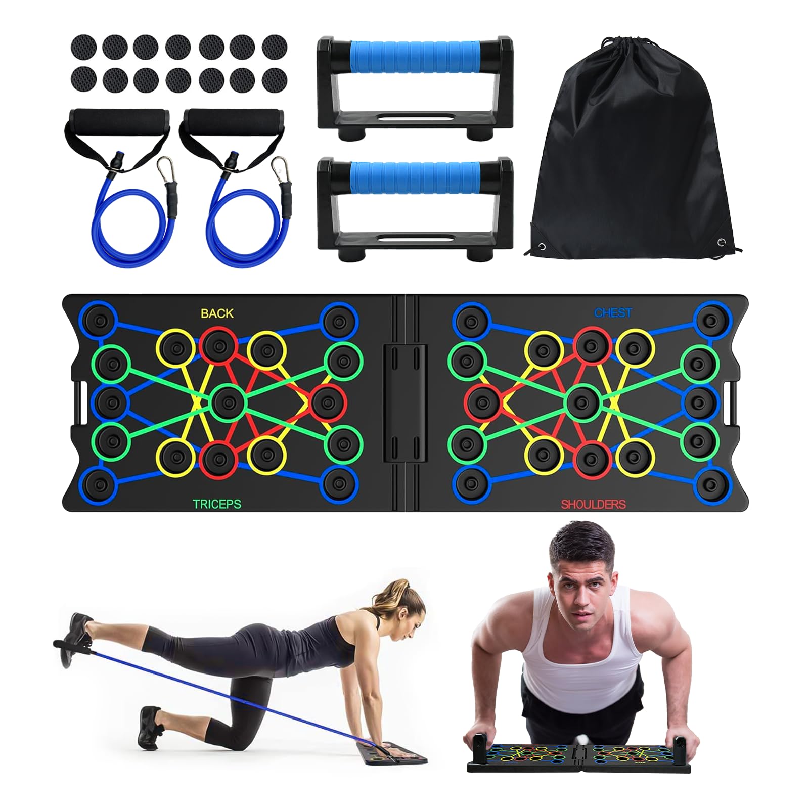 Push up Board, 24 in 1 Multi-function Foldable Press Up Board for Home Gym Equipment Fitness Strength & Exercise Training Equipment for Home Gym (Handles Resistance Bands & Non Slip Stickers)
