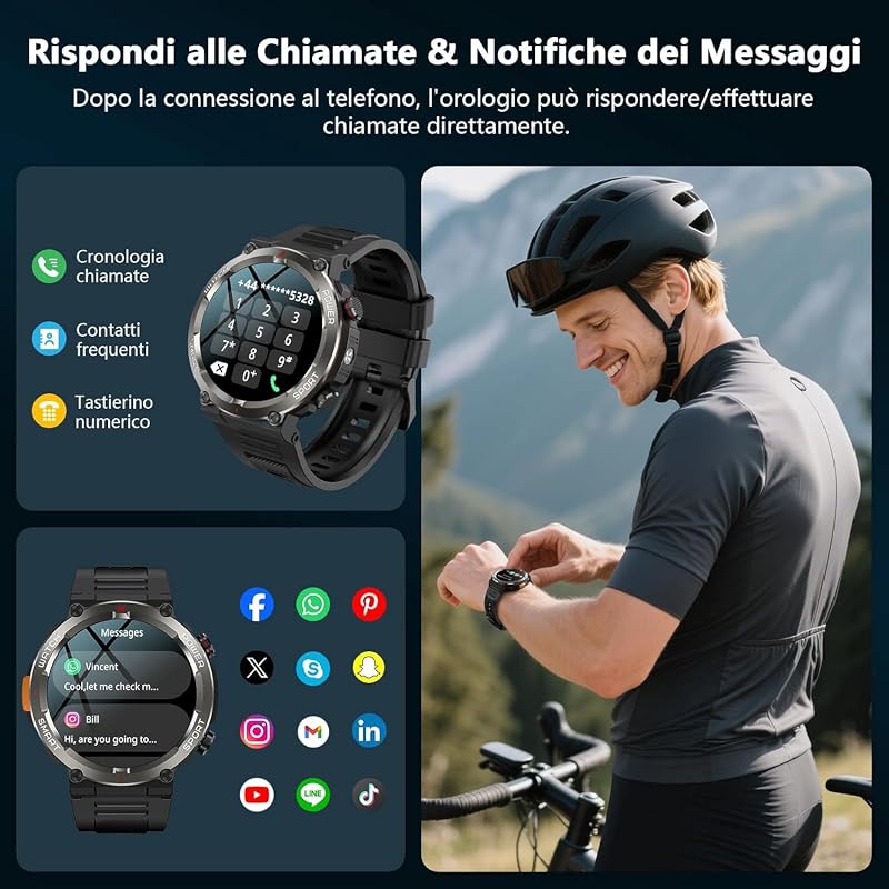 Smartwatch Uomo con Batteria 960mAh, Torcia LED, Bussola