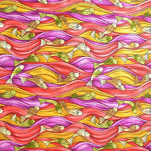 Fish Print Fabric 100% Cotton Upholstery Quilting Craft Fabric for Quilt Pattern, Sewing, Curtain, Home Decor and Patchwork Projects - Red Purple and Orange - (Price per /QUARTER Meter)
