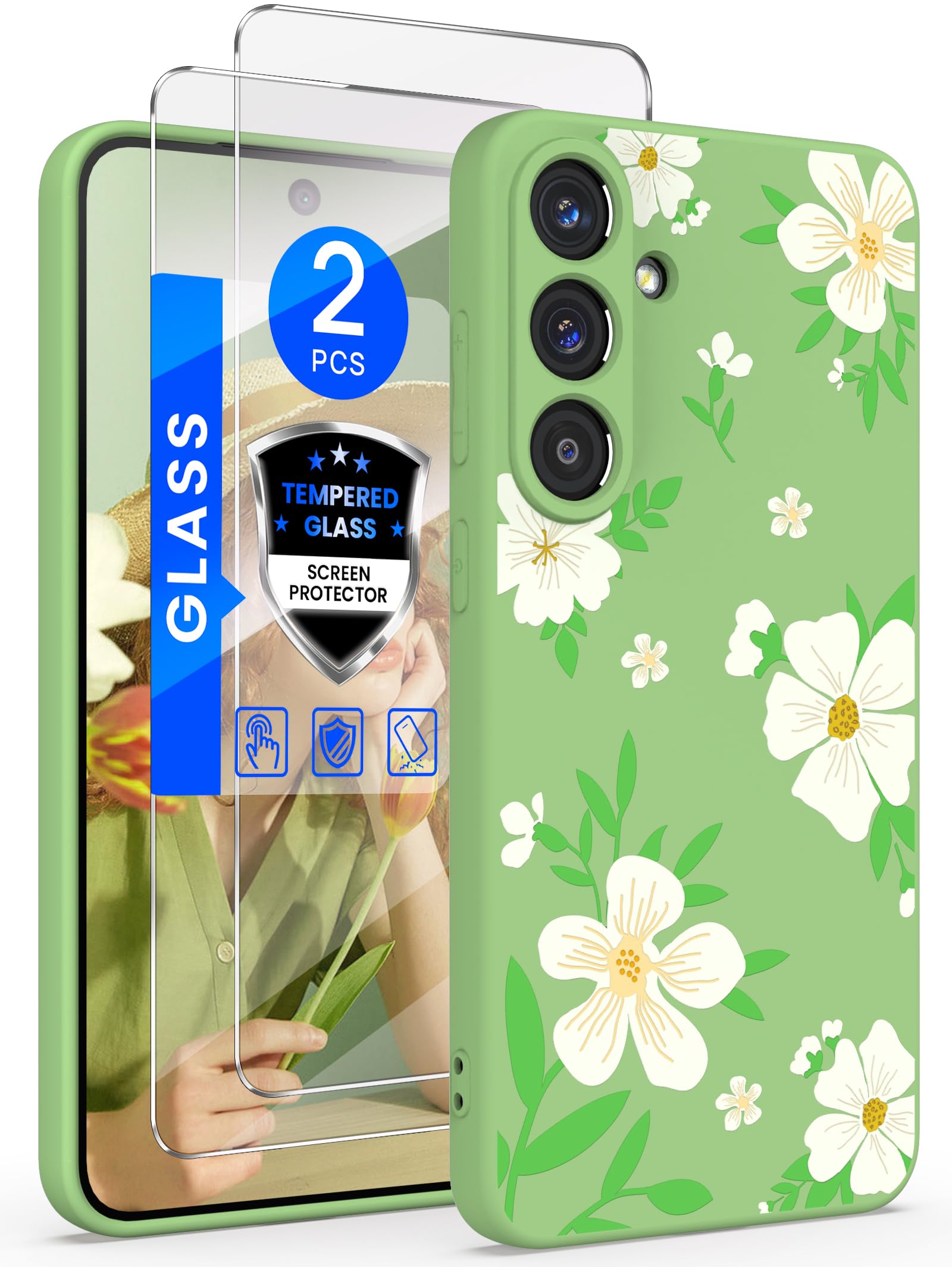 Yucenx for Samsung Galaxy S25 FE 5G Case with 2X Screen Protector, Girls Women Florals Liquid Silicone Phone Case, Shockproof Anti-Scratch Soft Protection Case for Galaxy S25 FE 5G (Matcha Green)