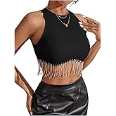 SHENHE Women's Glitter Rhinestone Fringe Tank Top Party Club Night Out Fitted Micro Crop Tops
