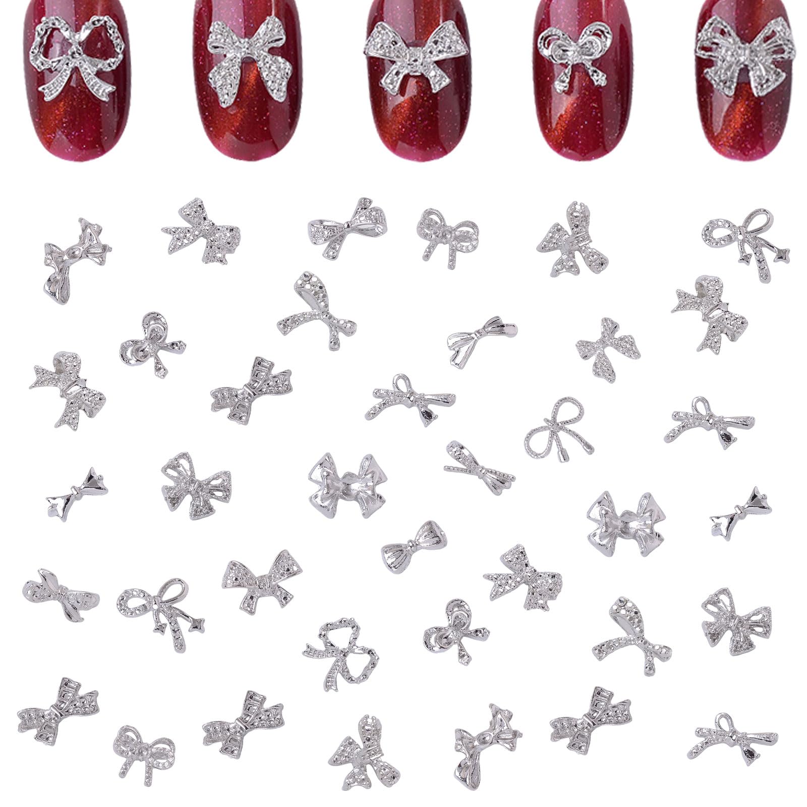 Bow Nail Charms,100PCS Silver Metal Nail Art Bows,Bowknot Bow Tie Nail Gems Alloy Nail Art Decorations Supplies for Women Girls Manicure Design DIY Crafts (F Silver)