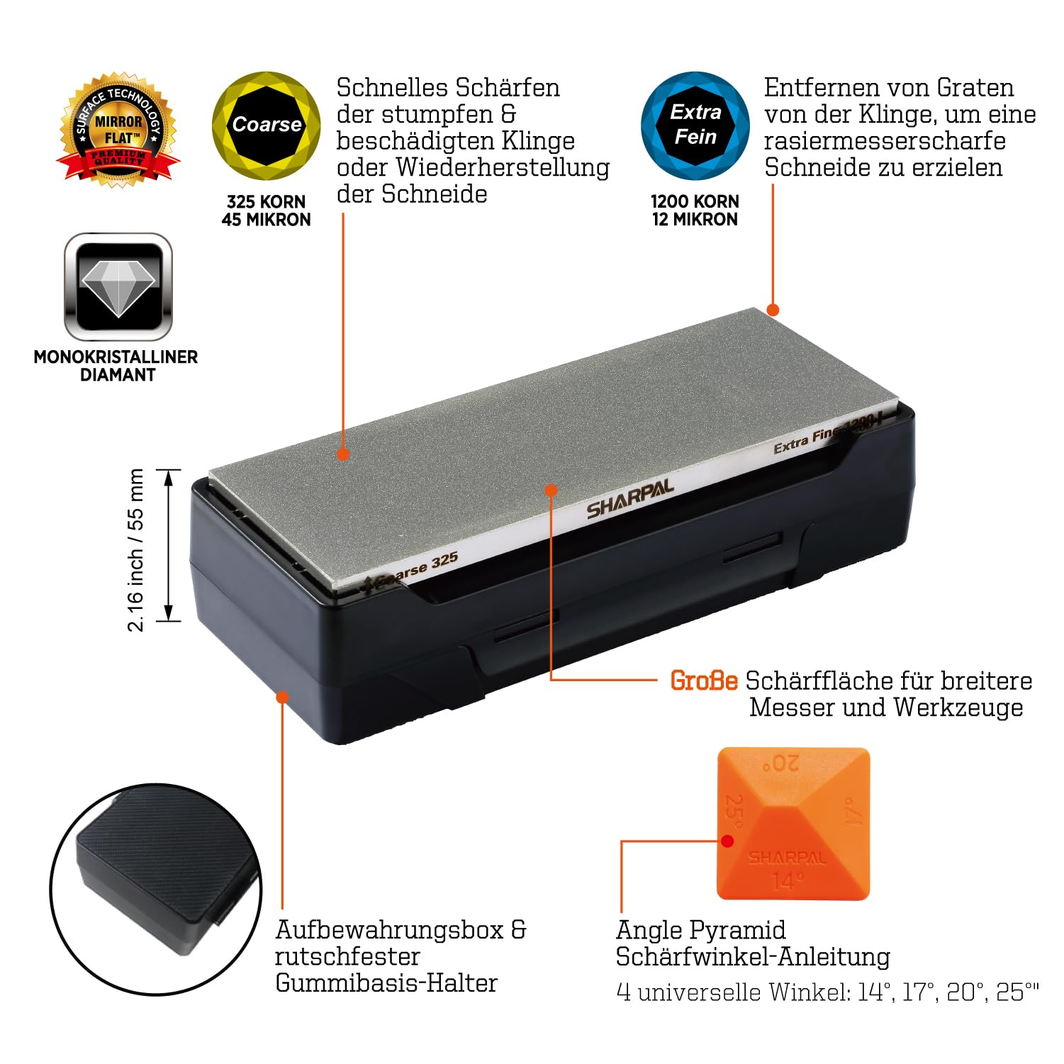 SHARPAL 162N Diamant-Schleifstein Abziehstein mit Aufbewahrungsbox, Dual Körnung, grob/extrafein, 325/1200 Wetzstein Diamant-Messerschärfer mit rutschfester Basis und Winkelführung (20,3 cm x 7,6 cm) 2