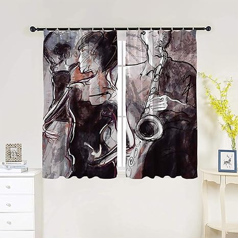 Amazon ジャズ音楽の装飾 北欧 セット 寝室 カーテンセット ダンサー古典的な家の装飾とサックスを演奏するジャズマンのイラスト おしゃれ 全色 Uvカット 断熱 節電対策 幅100cm丈0cm 2枚組 カーテン オンライン通販