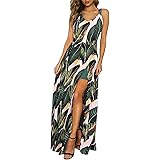 LAISHEN Women's V Neck Sleeveless Floral Print Split Maxi Dress Tie Back Summer Beach Party Dresses