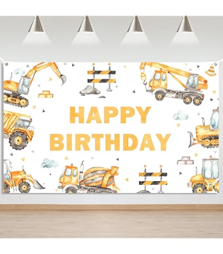 Toile De Fond Anniversaire Thème Construction - 180x120 Cm (70.8x45 In) - Motif Camion, Excavatrice - Décoration Fête Enfant