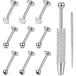 Yykazqe 11 Pcs Flat Back Nose Stud, Helix Labret Studs Piercing Jewellery | Stainless Steel CZ Balls Helix Piercing Jewellery