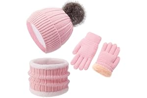 BUSYLITTLEBEE Kids Winter Beanie Hat Gloves Scarf Set 1-10 Years Old Girls Boys Mittens Knit Neck Warmer Warm Fleece lining