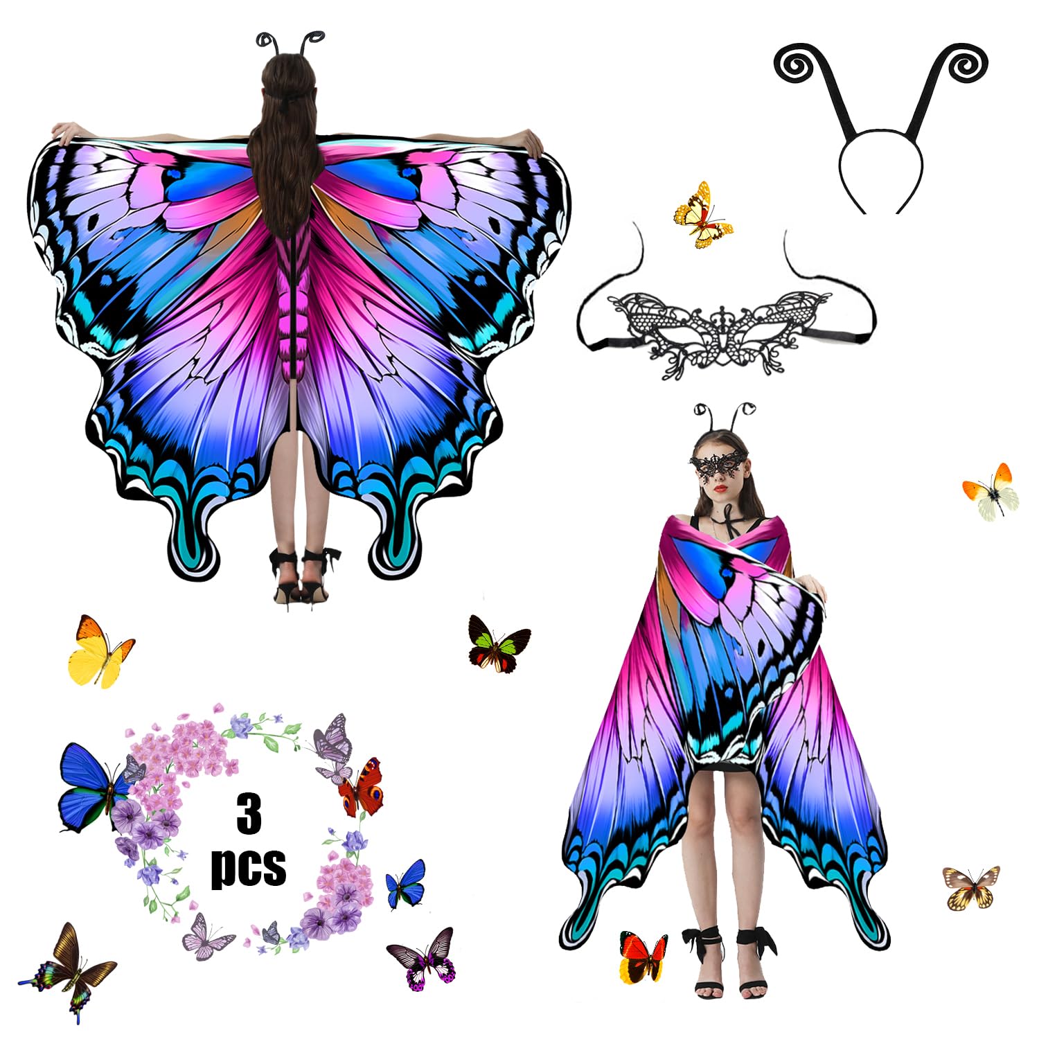 Jeackcelle Women's Butterfly Costume Cape - Fairy Wings Fancy Dress for Halloween Carnival Party Cosplay Dancing (RoseBlue)