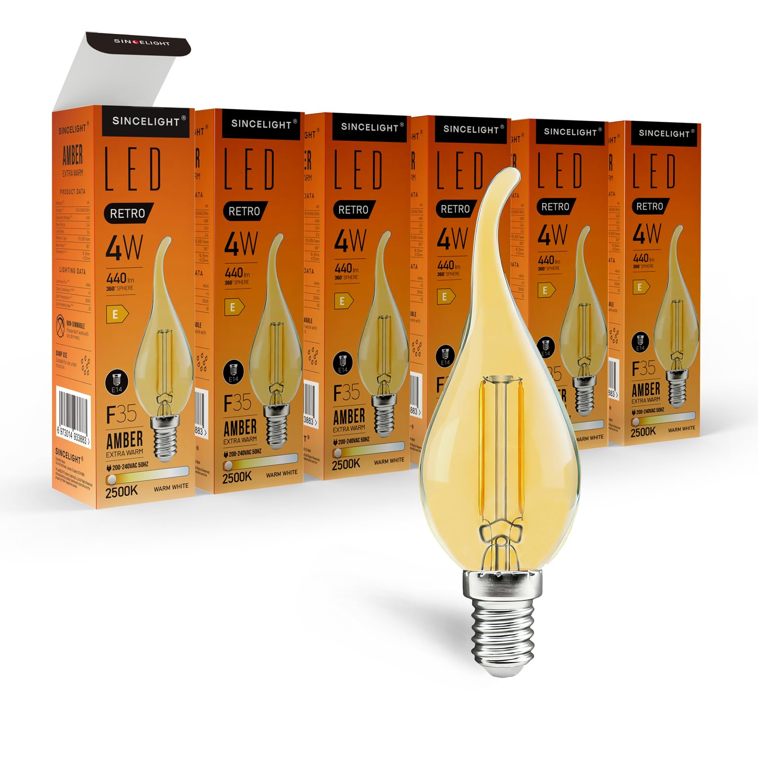SINCELIGHT E14 LED Retro Filament Bulb, Vintage Flame-Like Candle Bulb, 4W, 440lm Equivalent to 50W, Amber, Extra Warm White 2500K, SES Small Edison Screw, Pack of 6