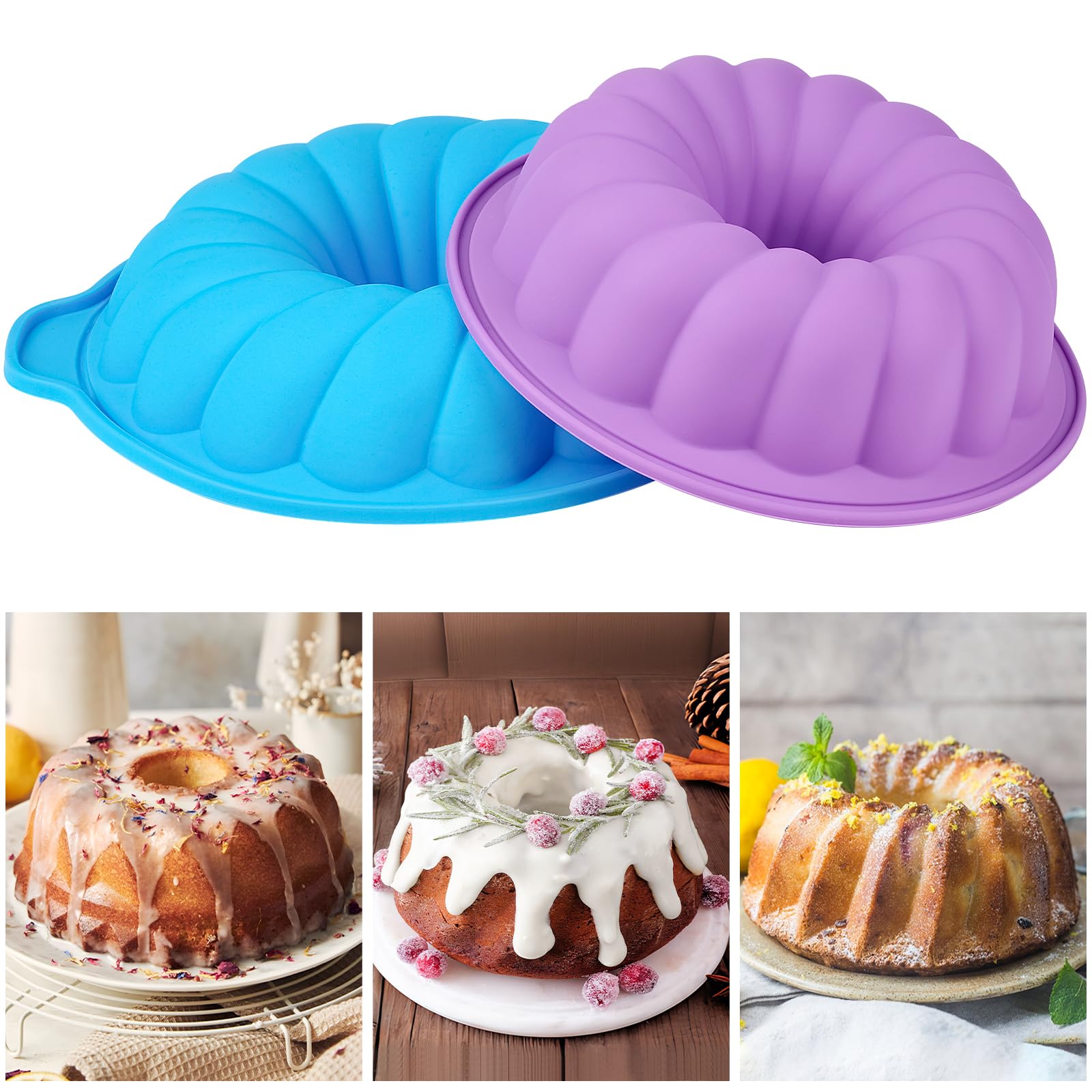 Photo 1 of CLUEWR 2 Pack Silicone Cake Pans, 8 & 10 Inch Non-Stick Silicone Bundt Cake Baking Molds for Baking Jello, Gelatin, Brownie, Cornbread