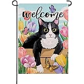 Artofy Welcome Spring Summer Tuxedo Cat Small Decorative Garden Flag, Tulip Flower Butterfly Yard Lawn Outside Decor Pet Lover Gift, Seasonal Floral Burlap Outdoor Home Decoration Double Sided 12 x 18