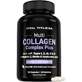 Vital Vitamins Multi Collagen Complex Plus Biotin, Hyaluronic Acid &amp; VIT. C | Hair, Skin, &amp; Nails Supplements for Women and Men, 5 Collagen Types I II III V &amp; X, 150 Capsules