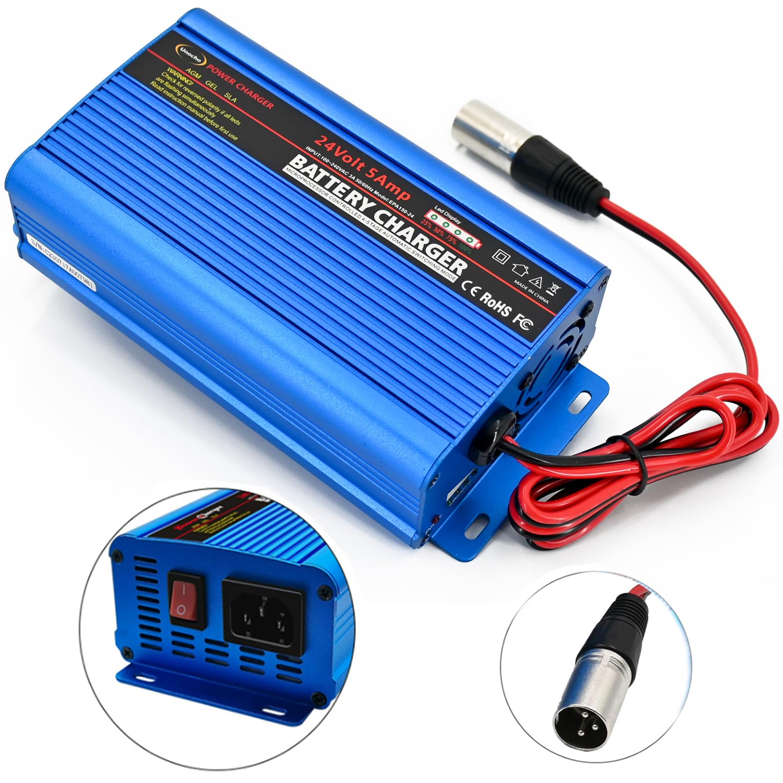 Photo 1 of ITEM IS MISSING CORDS ---------------------24V Battery Charger Automatic Smart Charger 5A trickle Charger and I/O Switch 3 pin XLR Connector for Charging AGM Gel Lead-Acid Batteries for Cars wheelchairs Boats