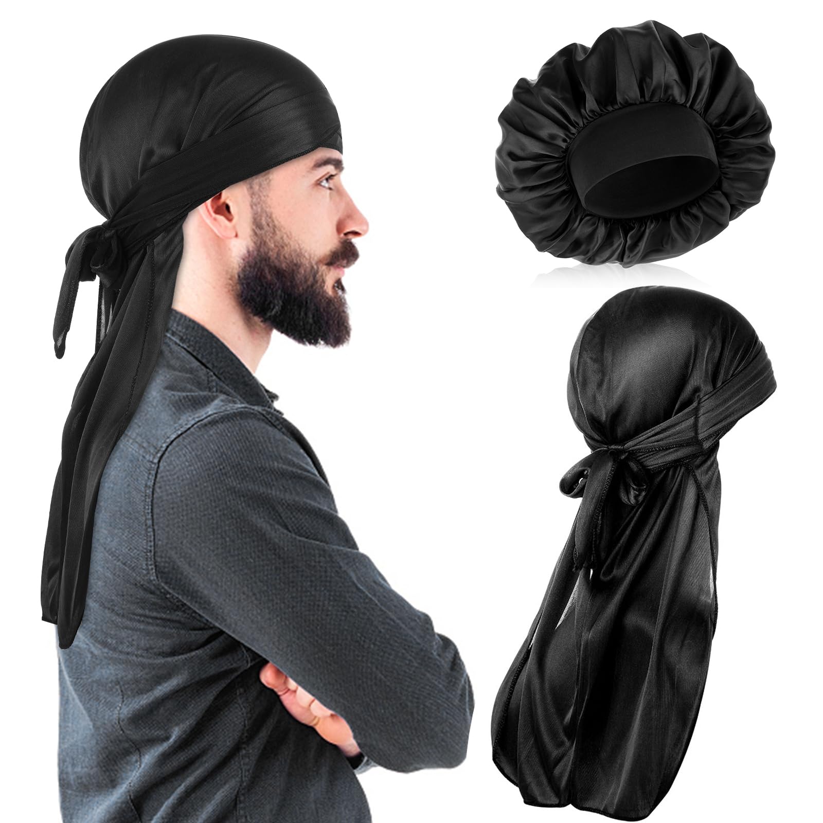 Dimeho Bonnet for Men, 2 Pcs Silk Hair Bonnet Soft Elastic Sleeping Bonnet Single Layer Satin Bonnets Black Reversible Sleep Cap for Women Curly Hair Braids(Black)