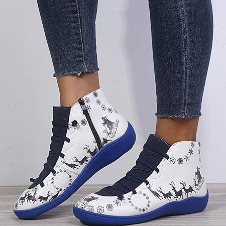 Futurelove Womens Arch Support Boots Casual Lace Up Ankle Booties Retro Female Round Toe Flat Heel Short Boot 2019 2020 Santas Sleigh With