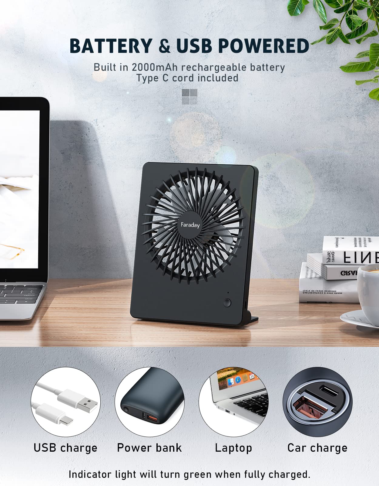 FARADAY Small Table Fans Rechargeable Portable 180°Tilt Folding Desk