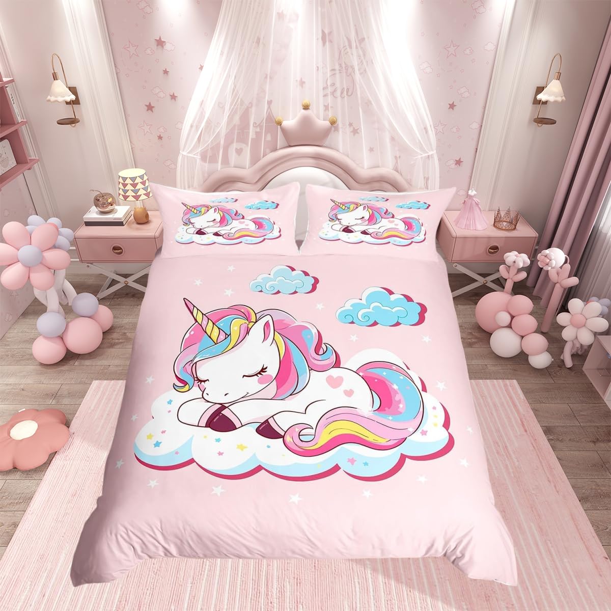 Homemissing Girly Unicorn Bedding & Linen Fantasy Unicorn Bedding Set for Kids Girls Magical Animal Duvet Cover Fairy Cartoon Bedding & Linen Super King Quilt Cover 3Pcs — image 1