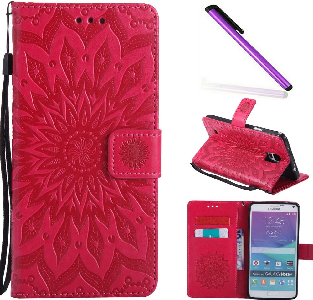 COTDINFOR Samsung Note 4 Protection Case For Girl Elegant Retro Flip Case Flexible PU Premium Leather Magnetic Slim Stand Case Card Holder for Samsung Galaxy Note 4 Red Sunflower KT