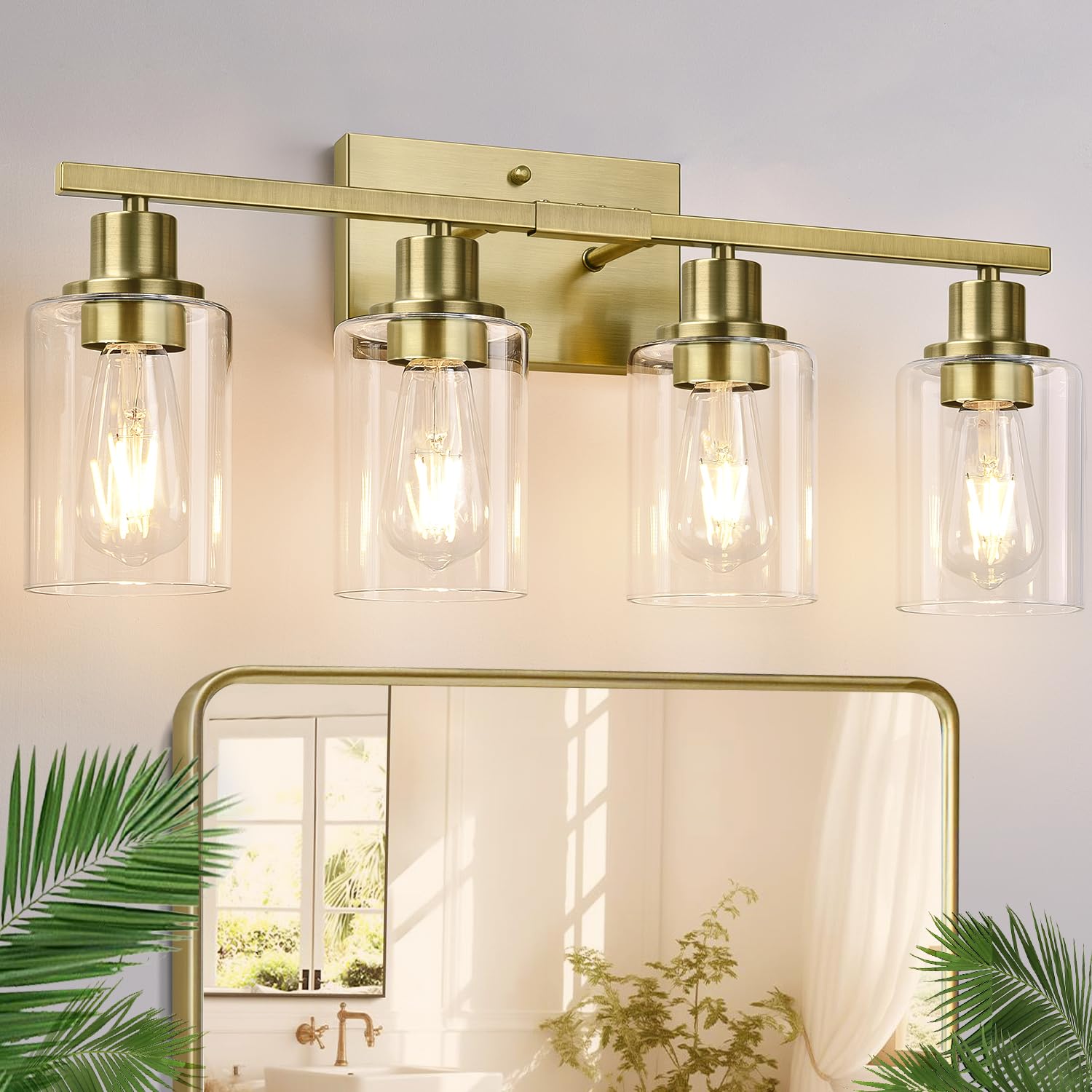 Photo 1 of 4 Light Bathroom Light Fixtures, Brass Vanity Lights for Bathroom with Clear Glass Shades, Modern Bathroom Wall Sconces for Mirror Living Room Cabinet