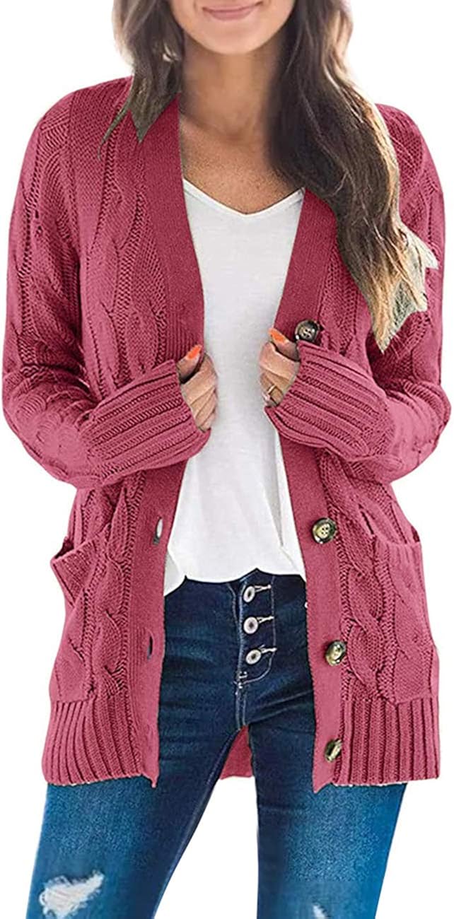 MEROKEETY Women's Long Sleeve Cable Knit Sweater Open Front Cardigan Button Loose Outerwear at  Women’s Clothing store