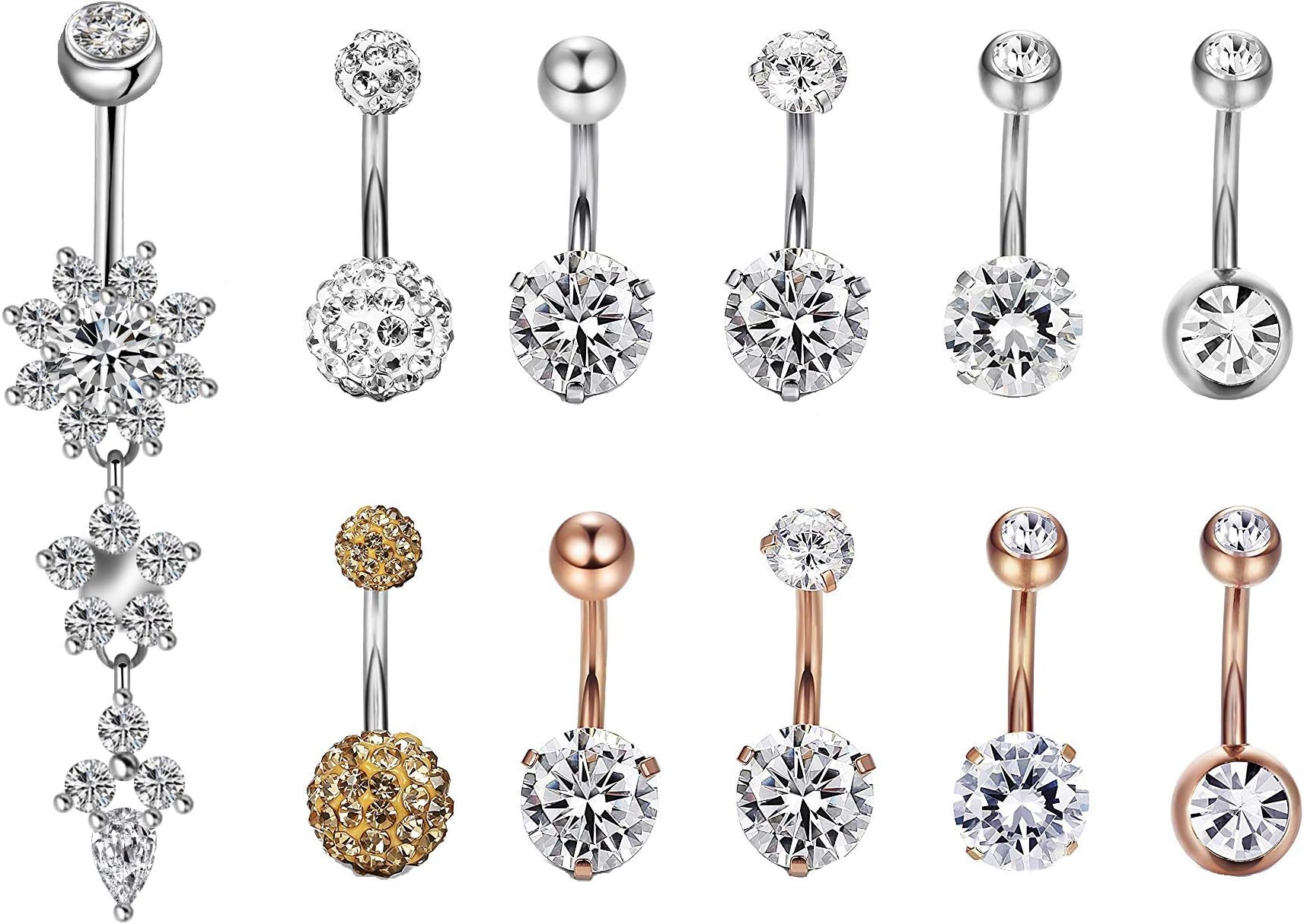 SMCTCRED Belly Bars,11PCS 316L Surgical Steel CZ Belly Bars with Dangle Cubic Zirconia Curved Body Piercing Jewelry Barbells for Women Girls