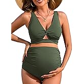 Charmo Maternity Swimsuit Ribbed High Waist Pregnancy Bikini Sets Twist Cutout Front Two Piece Bathing Suit Swimwear