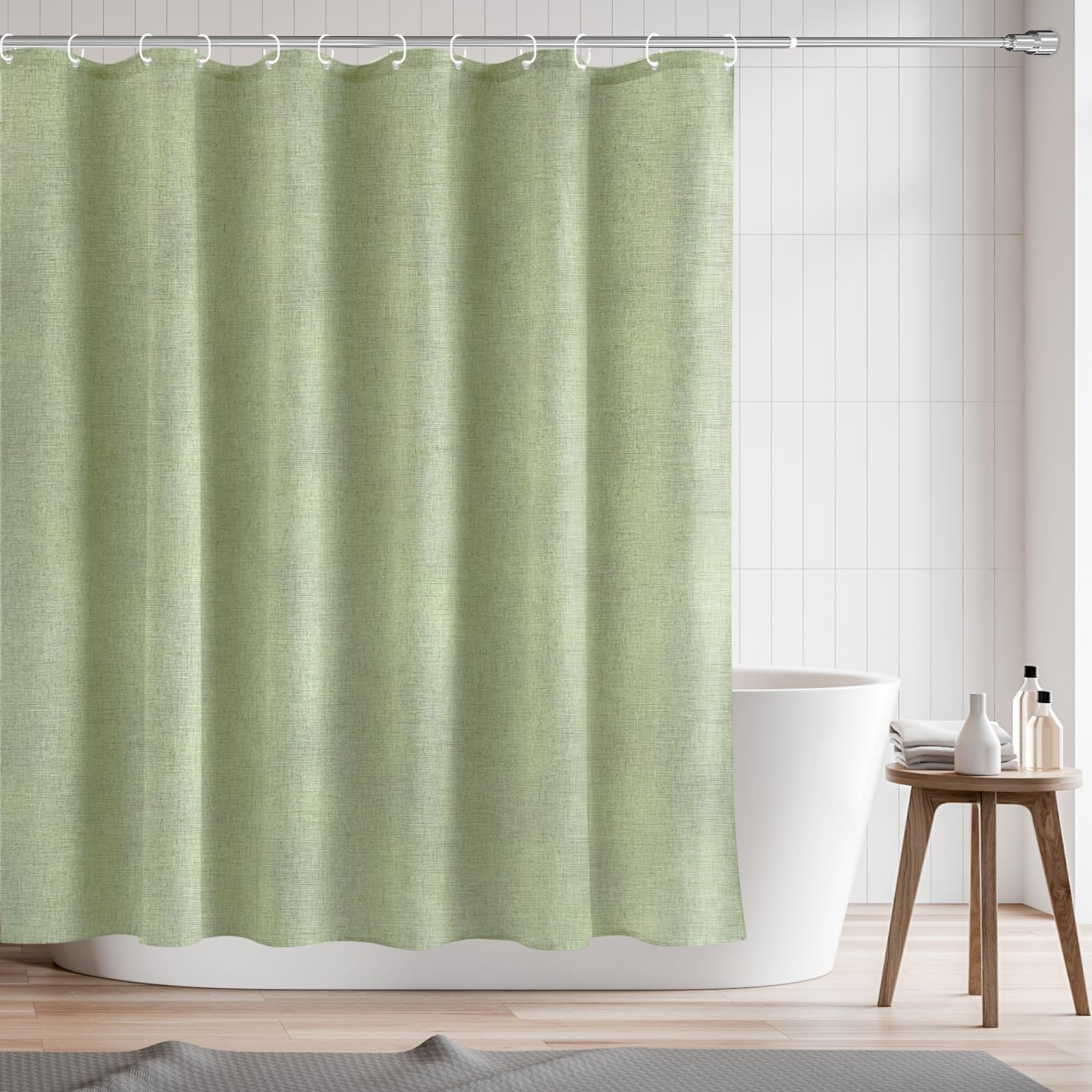RAYNEAY Natural Linen Water-resistant Shower Curtain, 182x182cm Heavy Duty Fabric Linen Textured Shower Curtain with Weighted Hem and Hooks for Bathroom Wet Room Bathtub (Green)