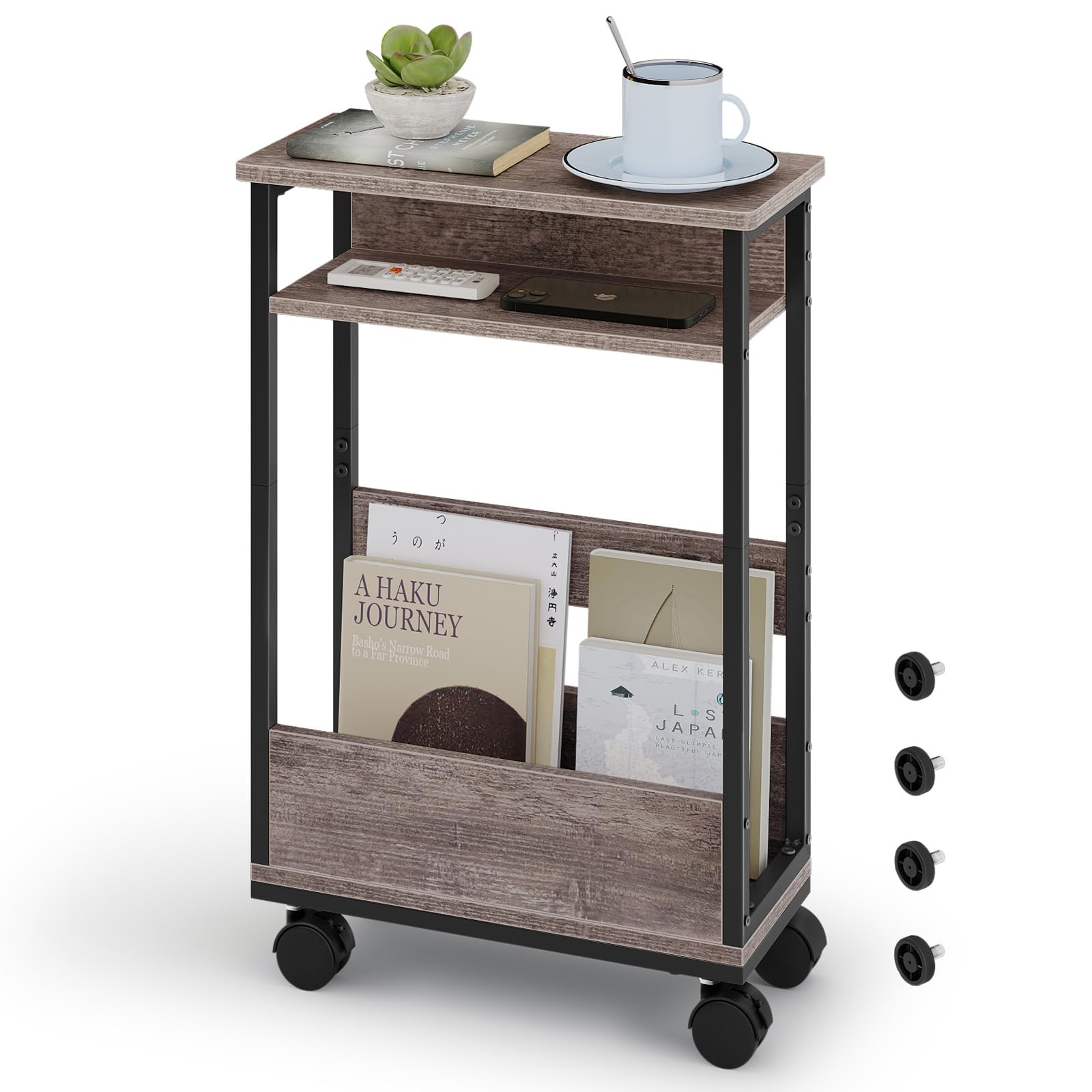 WOWQ サイドテーブル スリム キャスター付き 幅40×奥行き18×高さ59.5cm サイドテーブル 収納 スリム ナイトテーブル ベッド横 おしゃれ ソファ テーブル スリム 木製 キャスター付きラックリ エンドテーブル ビングサイドテーブル木目調 灰茶色 の商品画像