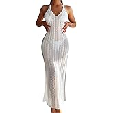 Verdusa Women's Crochet Cover Up Dress Self Tied Backless Knit Halter Dresses Swimsuit Beach Coverups
