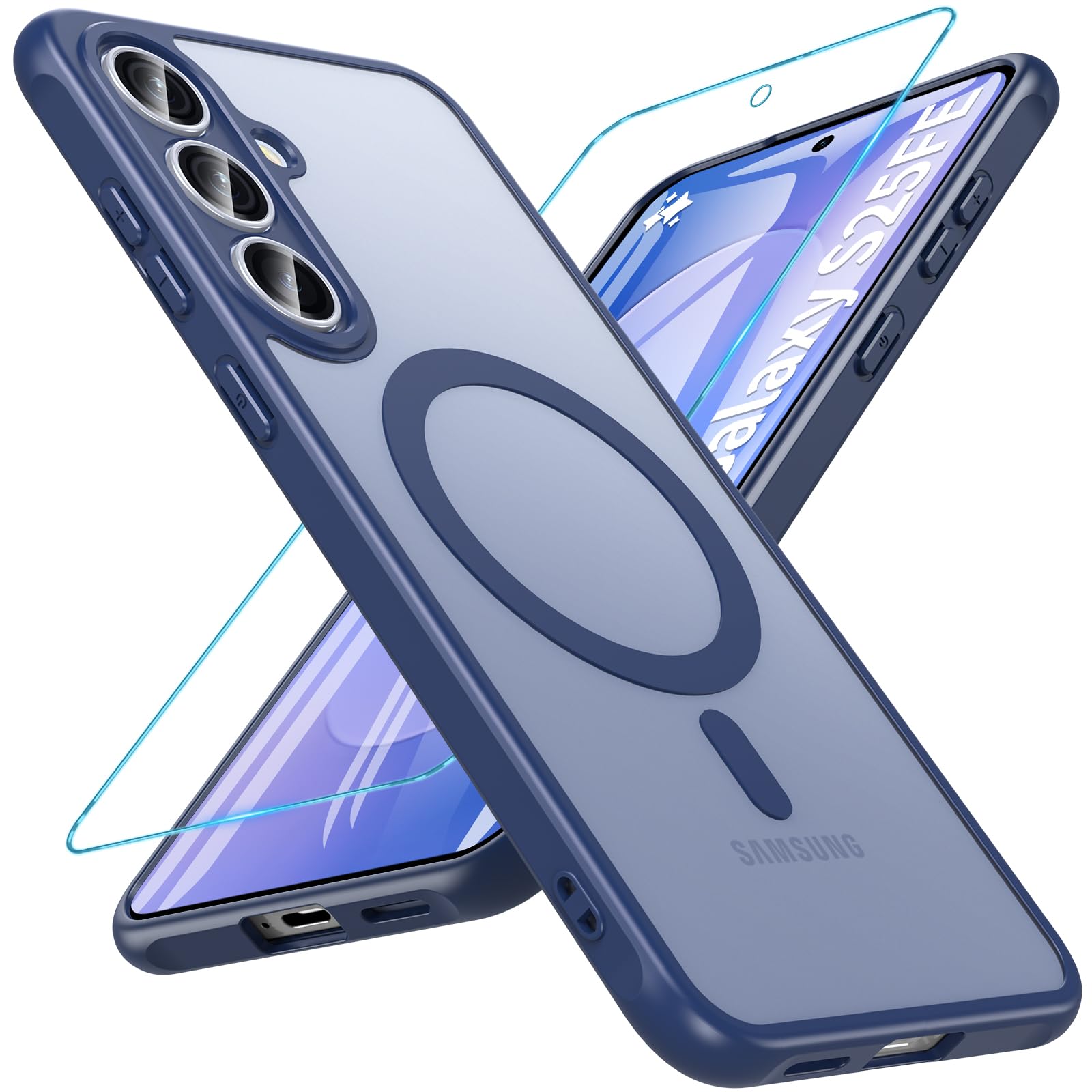 Photo 1 of OWKEY for Samsung Galaxy S25 FE Case 6.7'', Magnetic Galaxy S25 FE Case for Magsafe with Tempered Screen Protector [Shockproof Military] Translucent Matte Bumper Phone Cover Samsung S25 FE 5G, Blue