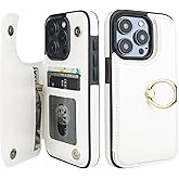 ONETOP for iPhone 15 Pro Wallet Case with Card Holder, 360° Rotation Ring Kickstand RFID Blocking PU Leather Double Magnetic Clasp Shockproof Cover for Women and Girls 6.1 Inch (White)