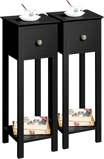 Yaheetech Black Slim Bedside Table Set of 2 Narrow Nightstands 25x25x70cm