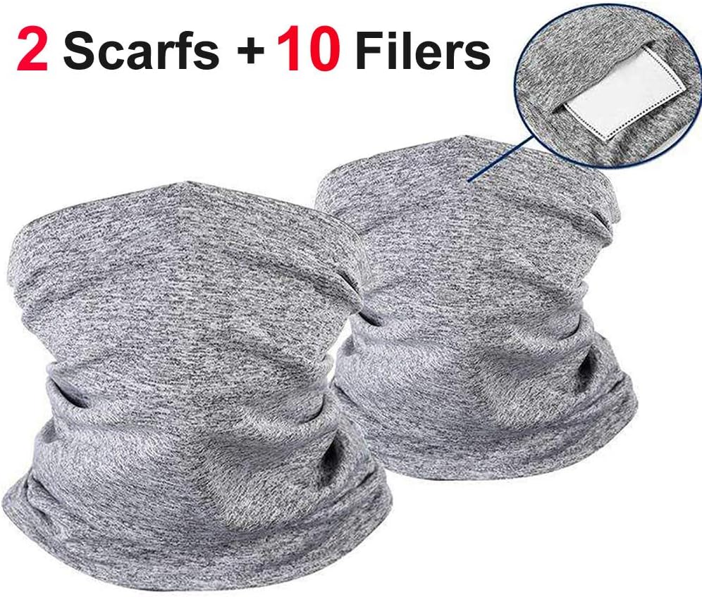 Ewolee 2 Pack Neck Gaiter with 10 Pcs Filters, Multifunctional Face Scarf Wind balaclava Bandanas with UV Dust Protection, Breathable Face Cover Headwear for Men Women Running Cycling Fishing, Gray