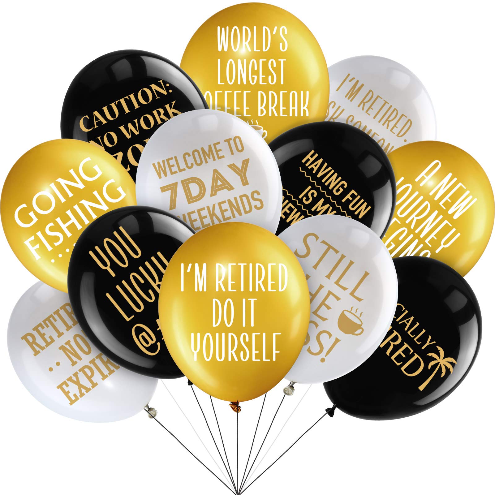 48 Piece 12 Inch Happy Retirement Balloons - Latex Balloons for Party Decoration, Indoor/Outdoor (Black, White, Gold)