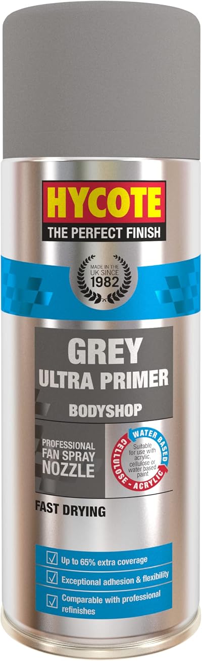 Hycote Grey Ultra Primer Aerosol Spray Paint 400ml Fast Drying Metal Plastic