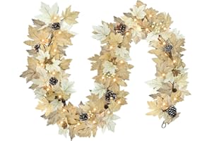 GHRDOPY 6 FT Realistic Fall Garland with Lights Timer Function Fall Leaves Maple Garland with Berries Pine Cones Autumn Automatic Fall Decorations for Home Mantle Fireplace Porch Table Decor
