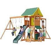 SunSwell Wooden Swing Sets for Backyard - Outdoor Playset,Green | 8 FT Wave Slide, 2 Belt Swings, Play Deck, Monkey Bars, Rock Wall Ladder, Shaded Picnic Area, Snack Bar, Playground Sets